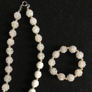 Handmade 19" necklace and elastic bracelet set with white vintage beads